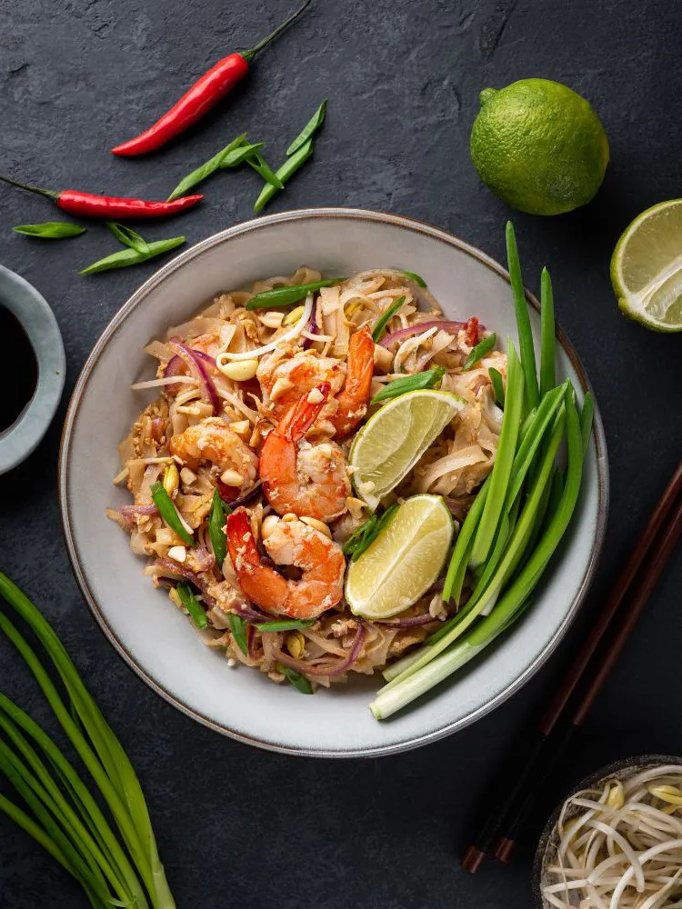 Shrimp pad thai noodles with lime and peanuts at Sam Bistro Thai Restaurant in Middletown